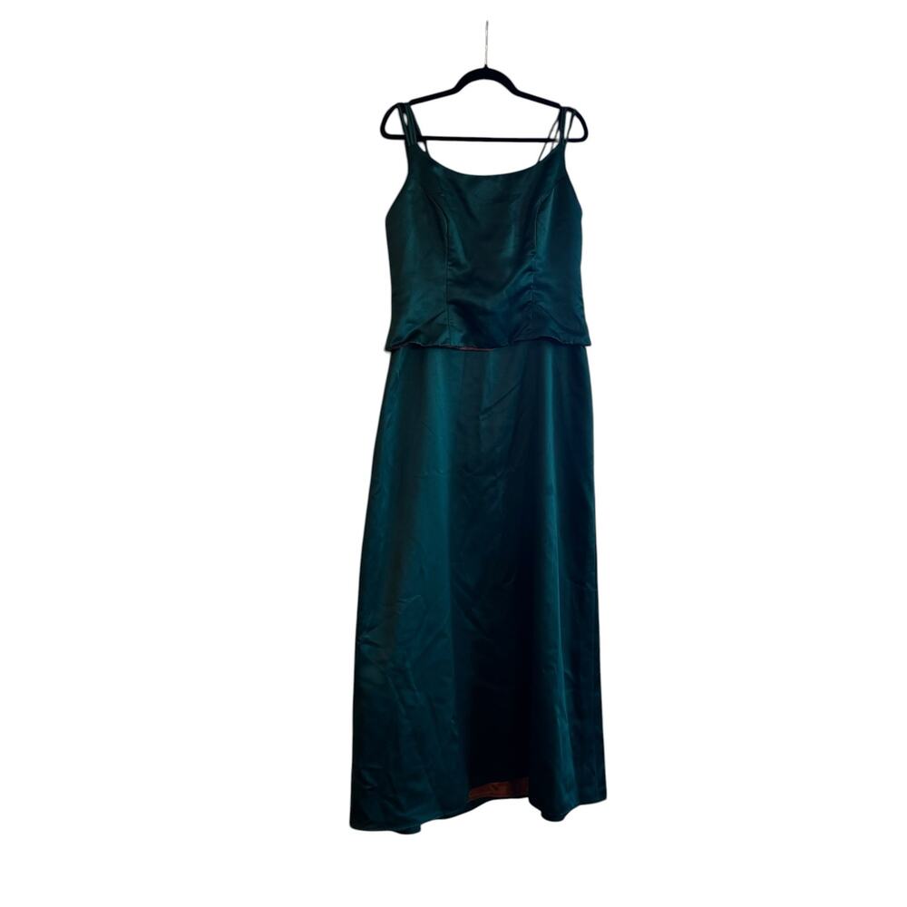 Alfred Angelo Vintage 80s Green Satin Peplum A-Line Formal Gown Size S